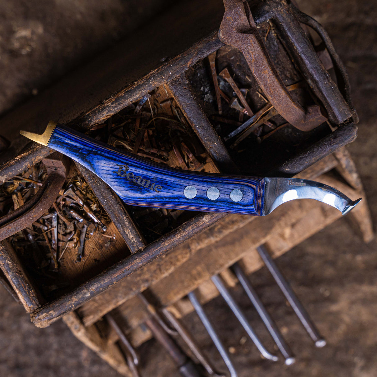 Beanie Farrier Curved Blade Knife with Brass Topper