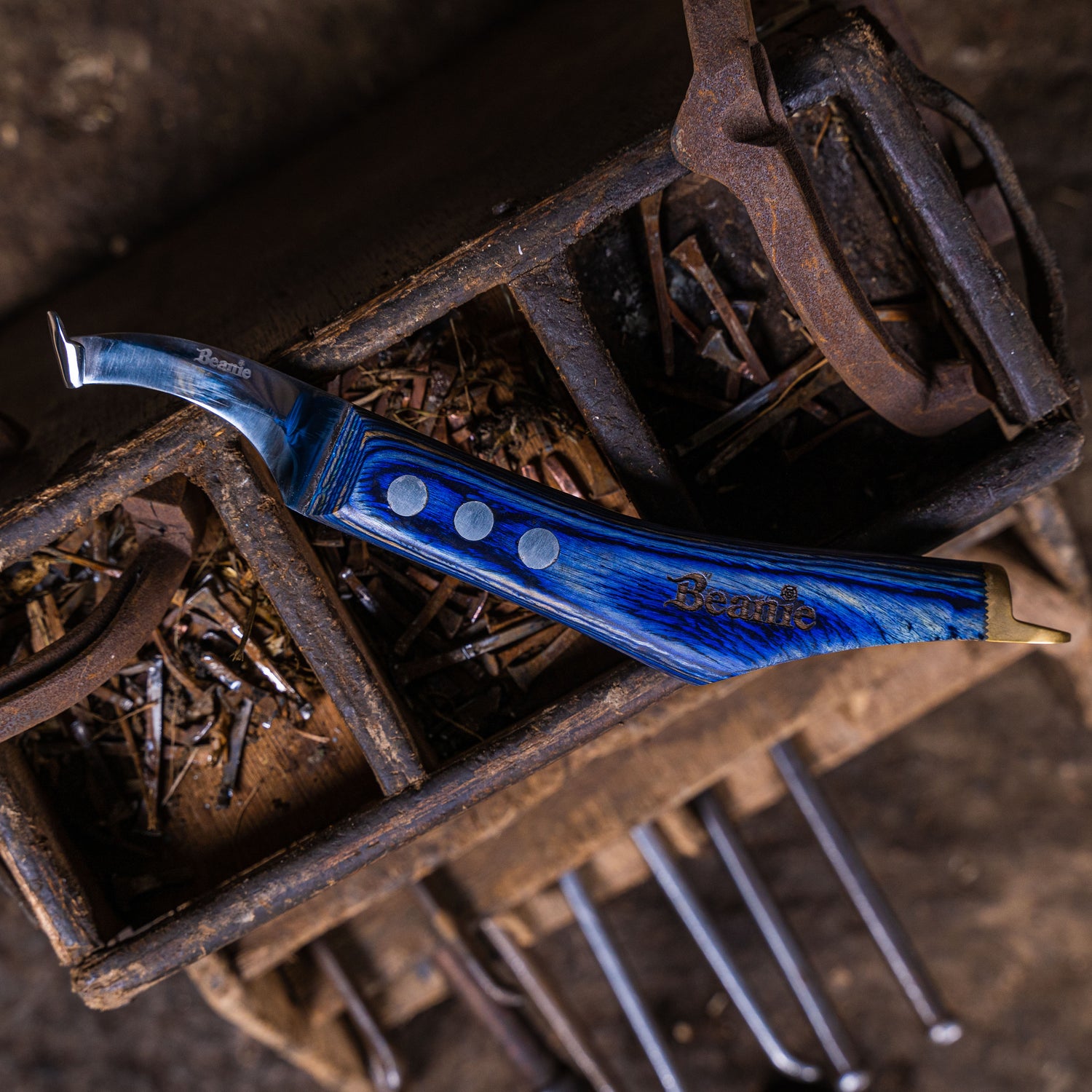 Beanie Farrier Curved Blade Knife with Brass Topper